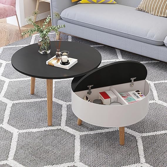 Wooden Round Coffee Table with Storage, Modern Wood Nesting Coffee Table Set, Solid Wood Coffee Table, Wood Coffee Table Tea Table Low Table for Sitting on The Floor, Small Coffee Table, for Bedroom(W