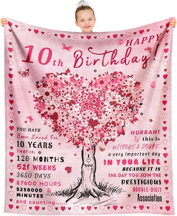 10 Year Old Girl Birthday Gifts, 10th Birthday Gifts for Girls Throw Blanket 60"x50", Double Digits Bday Gift for 10 Yr Old Girl, Bday Gift for Teen Girls Age 10, Ten Year Old Teenage Presents