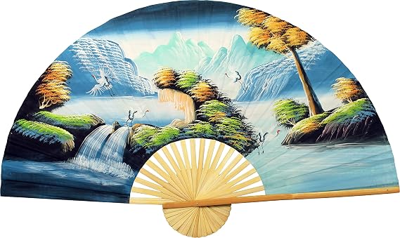 Chinese Cranes Giant Folding Wall Fan Hand-painted Decorative Wall Decor Art, Handmade Original Acrylic Landscape Painting on a Natural Bamboo Frame for Living Room or Bedroom Decoration, Rustic, Boho