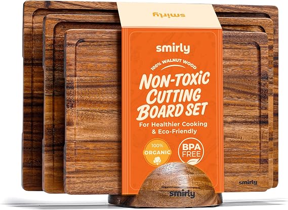 SMIRLY Cutting Boards for Kitchen, 3 Piece Walnut Cutting Board with Stand