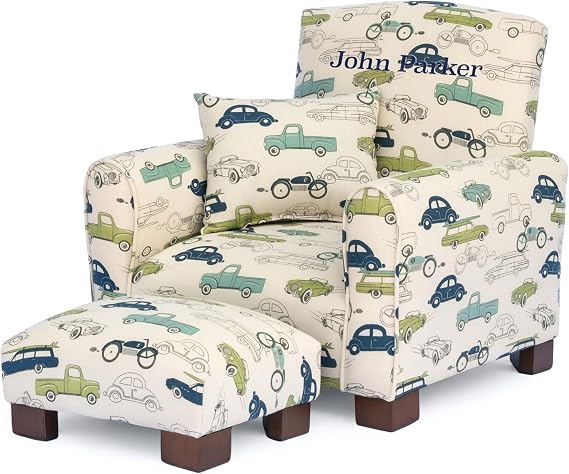 Toddler Personalized Armchair, Kids Upholstered Rocking Chair with Personalization, Toddler Chair with Personalized Name, Comfy Child Armchair, (Cars & Trucks Print, Legs)