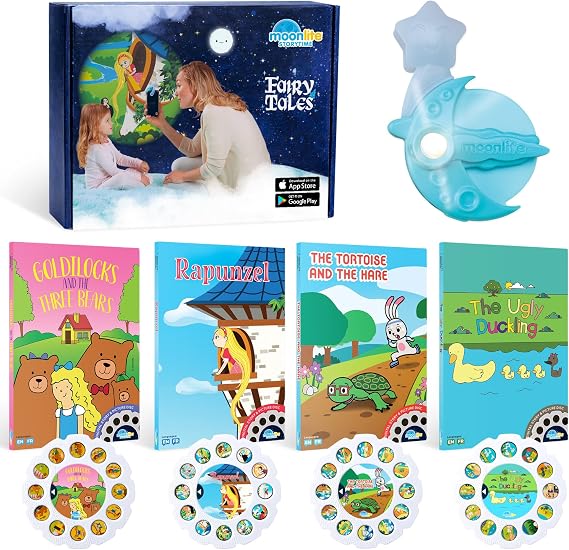 Moonlite Storytime Starter Pack Set: Projector and 4 Fairy Tale Stories | Learning Gift for Children Ages 1 Year and Up, Ideal for Bedtime, Storytime and Family Travel, Storybook Art Projection
