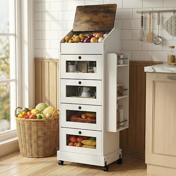 ARTETHYS Potato Storage Bin 5-Tier Rolling White Bread Box with Side Rack