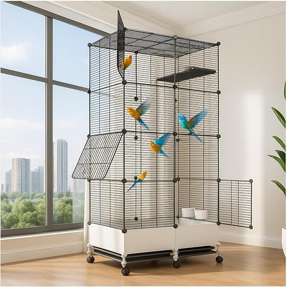 69in Large Forged Steel Birdcage,  with Bird Nest, Ladder, Hammock, Feeder, etc. Equipped with Wheels for Outdoor Mobility, Suitable for Parrots, Pigeons, Canaries (Black, 29.2" Lx14.6 Wx69 H)