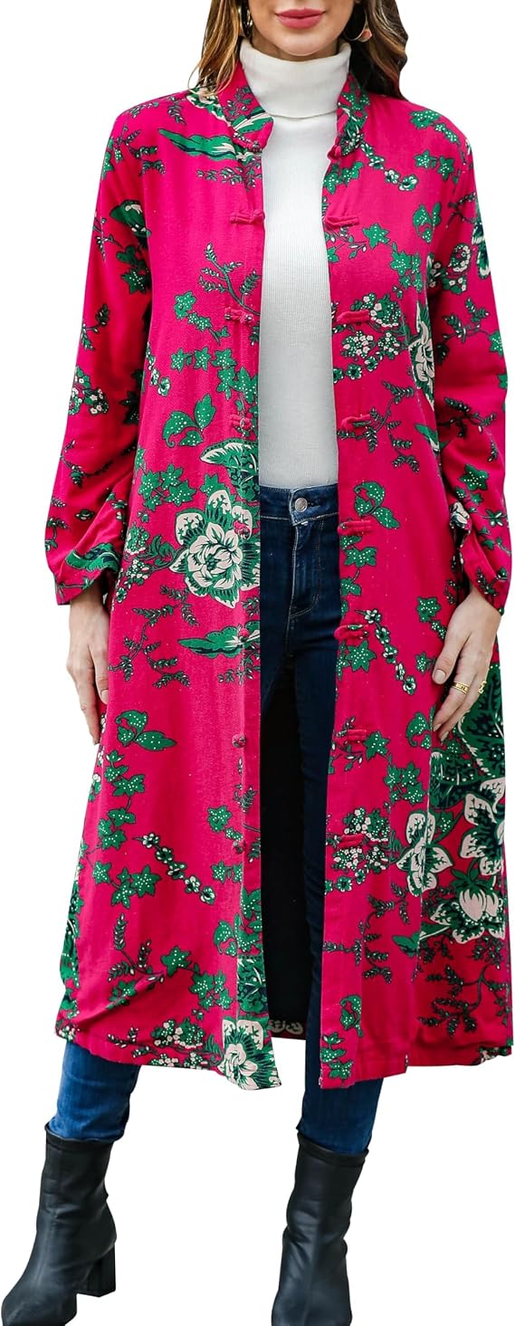 LZJN Women's Penny Lane Coat Vintage 70s Floral Trench Coat Boho Long Jacket with Pockets Plus Size Cotton Linen Outerwear