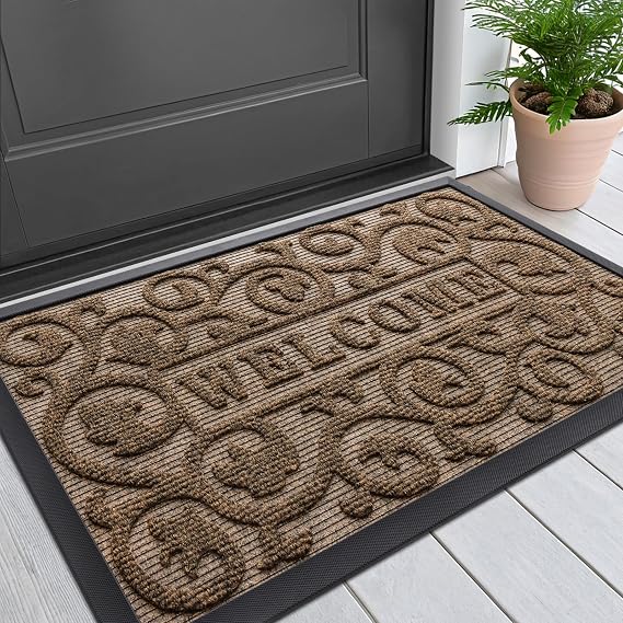Smiry Front Door Mat Outside Entrance, Low Profile Rubber Doormat, 29.5x17 | Welcome, Brown, Sturdy Heavy Duty Mat Trap Dirt and Moisture, Easy Clean for Indoor Outdoor Entry