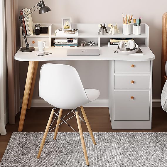 Writing Desk with Hutch and Drawers, Wooden Home Office Computer Desk Study Desk with Storage Shelves Students Writing Learning Small Apartment Desk(39.4" L, White-2 Drawers 1 Cabinet)
