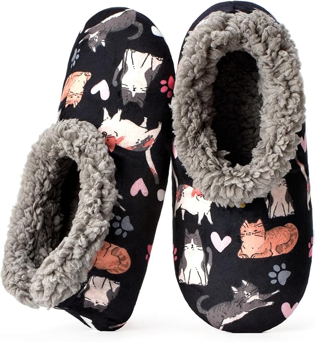 Slippers for Women Indoor Non Slip Soft Sole Slipper Socks | Fuzzy sherpa lining, grip-dot bottom, machine washable and cute printed styles for warm indoor lounging