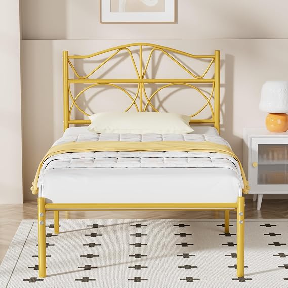 VECELO Twin Size Bed Frame, Gold Metal Bed Platform with Headboard, Sturdy Steel Slats Support, No Box Spring Needed/Noise-Free,Easy Assembly, Black