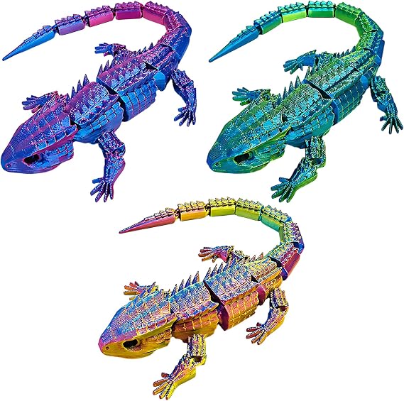 3PCS 3D Printed Lizard, 3D Printed Animals for Focus Enhancement, Dynamic Desktop Decoration for Office and Study Spaces, 30 cm Lizards in Silk Red Blue, Silk Blue Green and Silks Mult