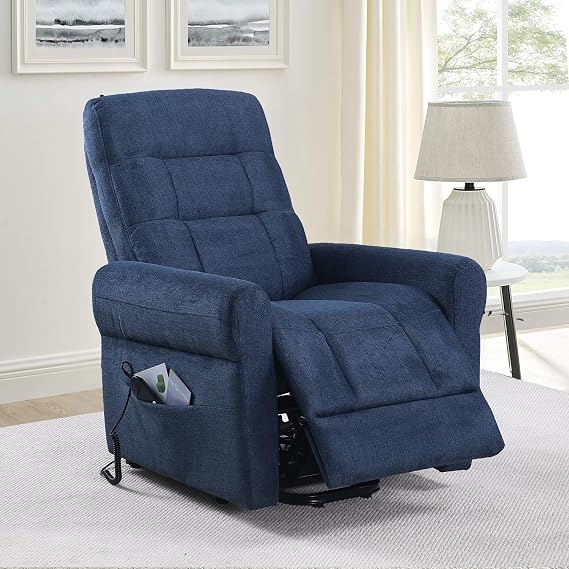 BEEY Power Lift Recliner Chair for Elderly and Adults, Remote Control Electric Recliner with Tilt & Lift Function, Chenille Fabric Reclining Chair with Side Pocket, Single Sofa for Living Room (Blue)