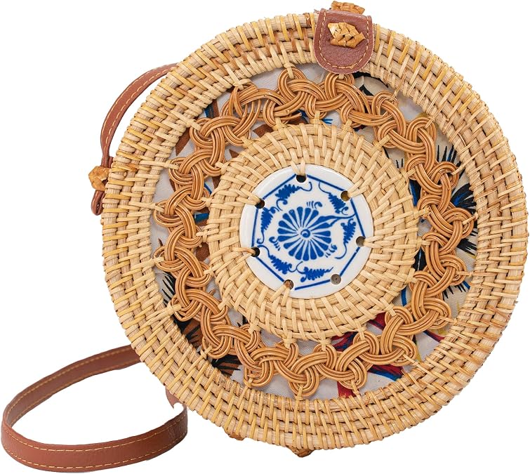 Round Rattan bag Womens shoulder bags beach bags (Natural Brown, Large)