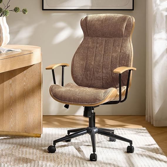 HULALA HOME Solid Wood Office Chair with High Backrest, Camel
