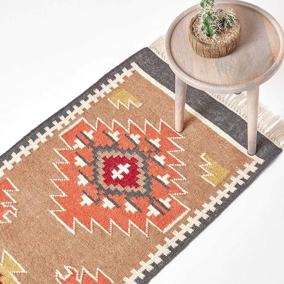 HOMESCAPES Jaipur Brown, Orange & Grey Handwoven Kilim Runner Rug for Hallway Traditional Wool Rug with Fringe, Runner 66 x 200 cm