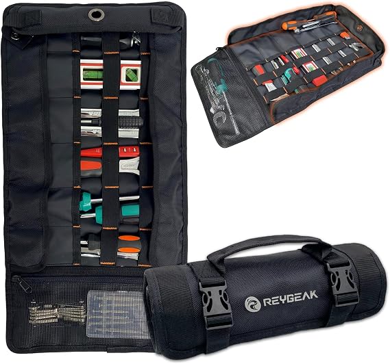 Tool Roll Organizer with Stand-up Baffle,1680D PVC Motorcycle Tool Roll Bag, Heavy duty Wrench Roll with Mesh Zipper Pocket,Roll Up Tool Bag for Motorcycle, Car, Pickup, ATV/UTV, Bicycle or Hobbyist
