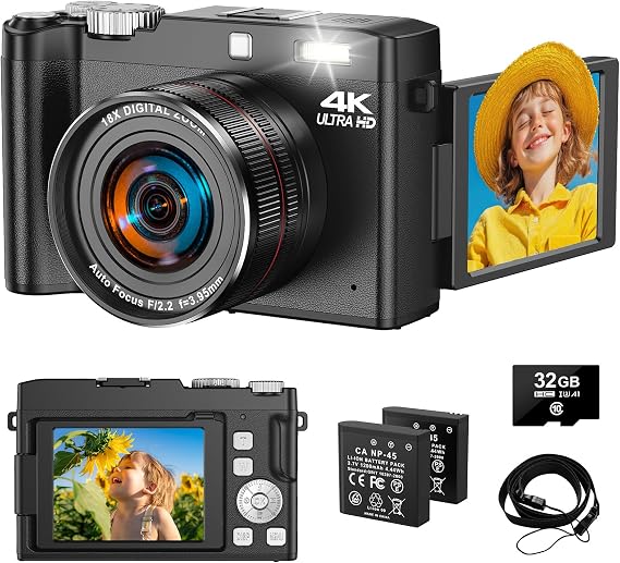 4K 64MP Digital Camera 2.8 Inch 18X Digital Zoom UHD Compact Cameras - 180 Degree Auto Focus Rechargeable Vlogging Camera with 32GB Card & 2 Batteries for Children Beginners Teenagers