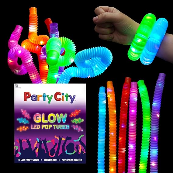 Party City 6pk LED Light Up Pop Tubes 25- 3 Mode Stretchy Tubes LED Light Up Toys Bulk Glow Sticks Party Favors for Kids Necklaces Bracelets Neon Glow in the Dark Supplies Fidget Sensory Tube Pack