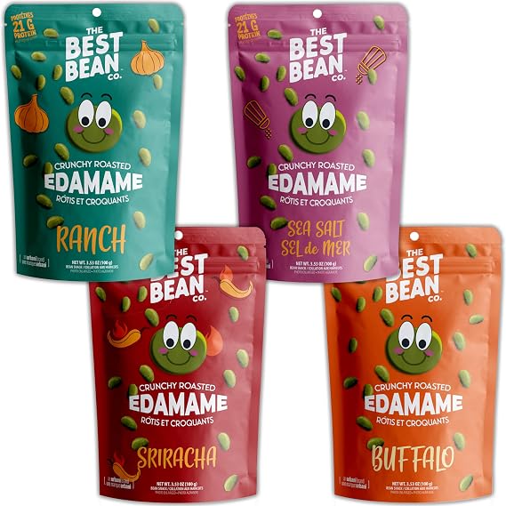 Best Bean Co. - Roasted Edamame Snack - Variety Pack (4 x 100g Bags) - 21g Protein Per Serving - Buffalo, Sea Salt, Sriracha & Ranch - High-Protein, Low-Carb, Keto-Friendly