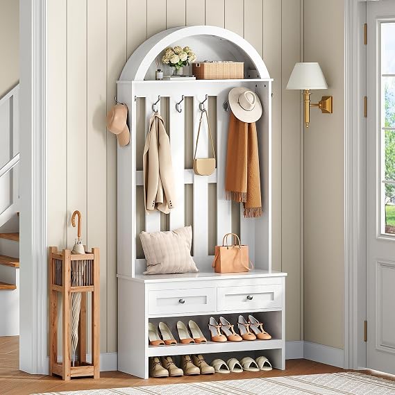 Hall Tree with Bench, Coat and Shoe Rack Entryway, Arched Entryway Organizer with 8 Hooks, Coat Rack with Shoe Bench and 2 Drawers for Hallway, Mudroom, Entryway, White