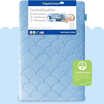 ORGANICDREAM ComfortCloud Mini Crib Mattress in Sky Blue I 100% Breathable Proven to Reduce Suffocation Risk, 100% Washable, Dual-Sided, GreenGuard Gold Certified, Removable Cover - Deluxe 5" Thick
