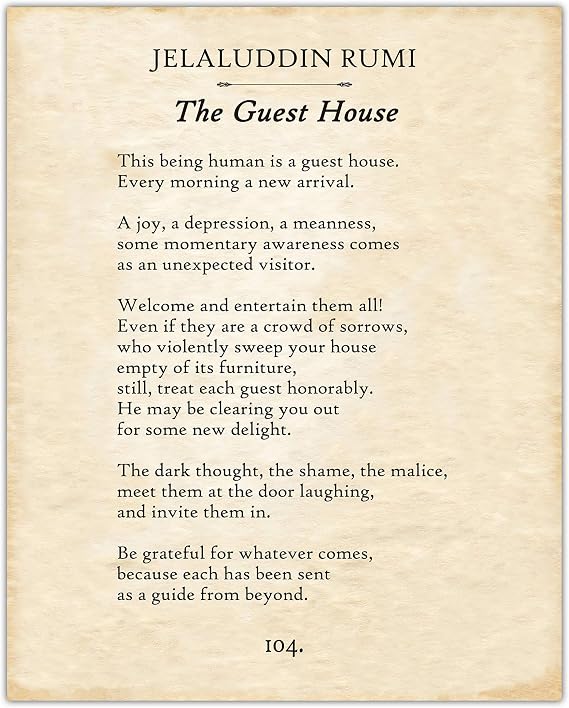 Rumi - The Guest House Poem - Classic Home Room and Office Decor, Literary Wall Art Prints, Inspirational Poetry Gift, Great Book Lovers Gift, Choose Unframed Old Book Page Poster or Canvas