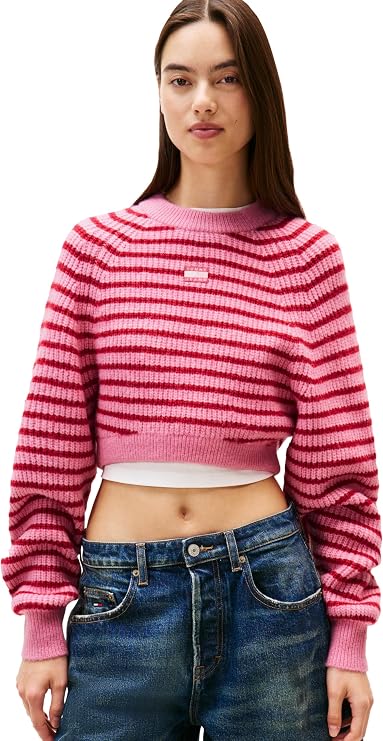Tommy Jeans Women's Wool Blend Pullover Crewneck Sweater with Embroidered Flag Logo