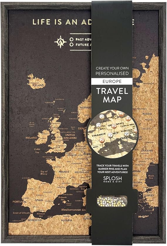 Splosh Travel Map - Black XL Desk Europe Map Pin Board, Wooden Frame Cork Board with 100 Pins in 3 Colours to Mark Your Past and Future Adventures 45 x 31 Framed EU Maps for Desks