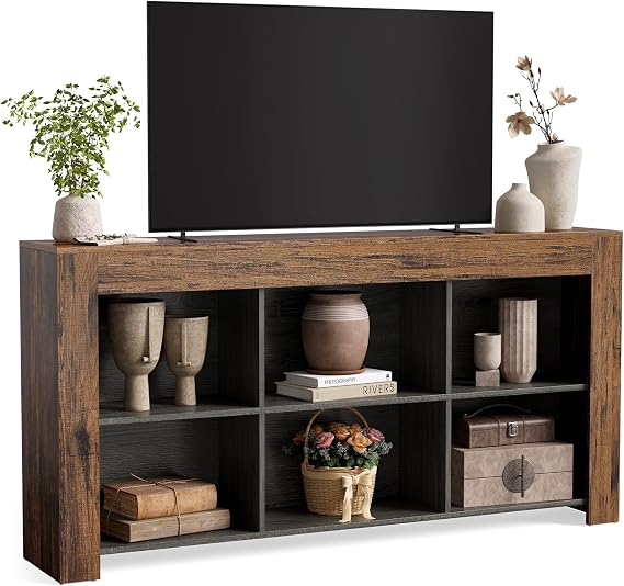 LITTLE TREE TV Stand with Storage, 63-Inch Entertainment Center with Shelves, Modern Media Console for Television up to 65" for Living Room, Bedroom, Brown + Dark Gray