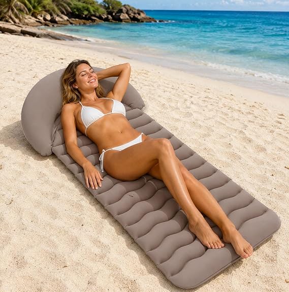 Inflatable Beach Mat with Built-in Headrest, 70 x 30 Inch Flocked PVC Beach Lounger & Pool Float, Portable Inflatable Tanning Mat for Beach, Pool, Camping, Patio and Outdoor Relaxation