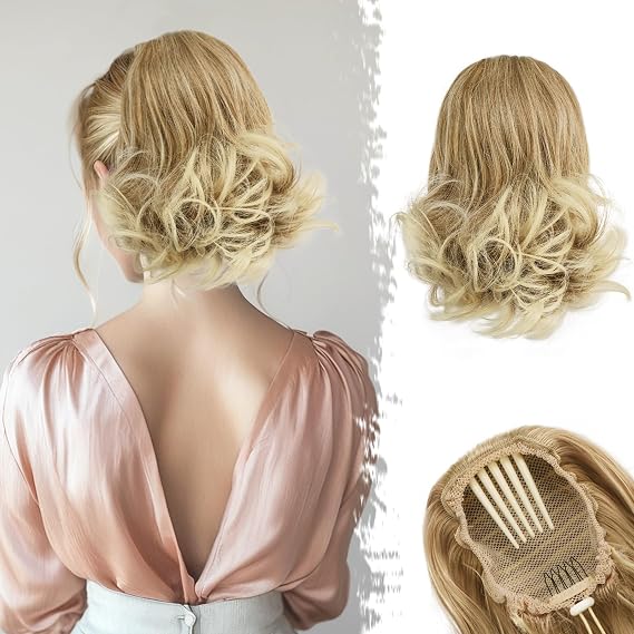 BARSDAR Straight Hair Bun + Comb Clip Ponytail -Mixed Blonde & Bleach Blonde Tips