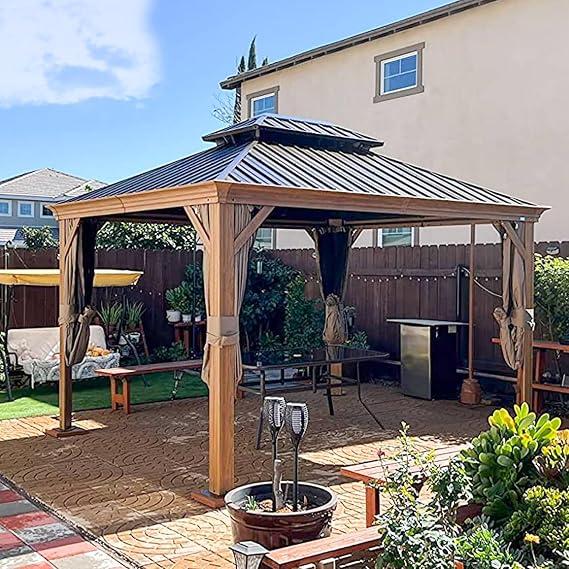 Domi Hardtop Gazebo 10x12FT, Outdoor Gazebo with Galvanized Steel Double Roof, Aluminum Frame, Built-in Gutter System, Curtain and Netting, Metal Gazebo Pavilion for Patio Deck Garden, Wood-Looking