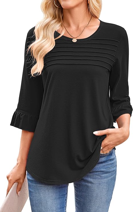Halife Womens 3/4 Sleeve Ruffle Pleated Dressy Casual Flowy Tops