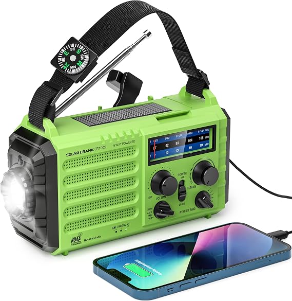 Emergency Weather Radio 5000mAh Portable AM/FM/SW/NOAA Radio with Solar Hand Crank, Rechargeable Battery, USB Charger, LED Flashlight, Reading Light, and SOS Alarm, for Home Outdoor (Green)