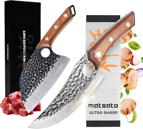 Matsato Kitchen Knife & Cleaver Knife Set Japanese Stainless Steel Cooking Knife Bundle, Hammered Blade Design with Ergonomic Wood Handle for Meat & Vegetables