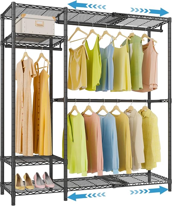 VIPEK X20 Expandable Metal Clothing Rack Adjustable from 3'3" to 4'8" Heavy Duty Garment Racks with Adjustable Shelves and Hanger Rods Portable Wardrobe Open Closet Rack System, Black