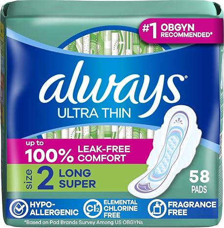 Always Ultra Thin Feminine Pads with Wings for Women, Size 2, Long Super Absorbency, Unscented, Up to 100% Leak-Free Protection, 58 Count