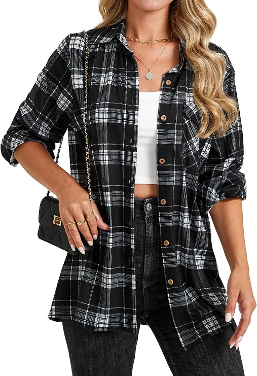 ENMAIN Womens Plaid Shirts Long Sleeve Collared Button Down Shirts Soft Fall Blouses Tops
