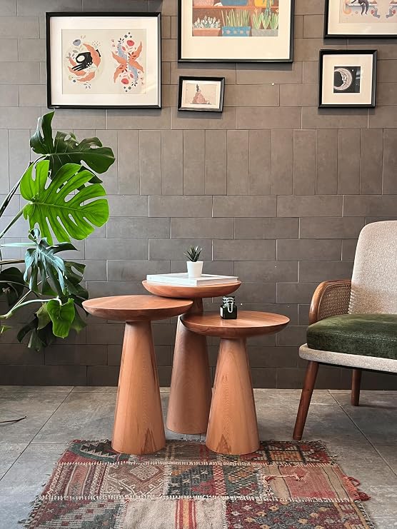 3'lü Zigon Mantar Sehpa Mushroom | Masif Ahşap Modern Yan Sehpa Takımı (KAYIN)