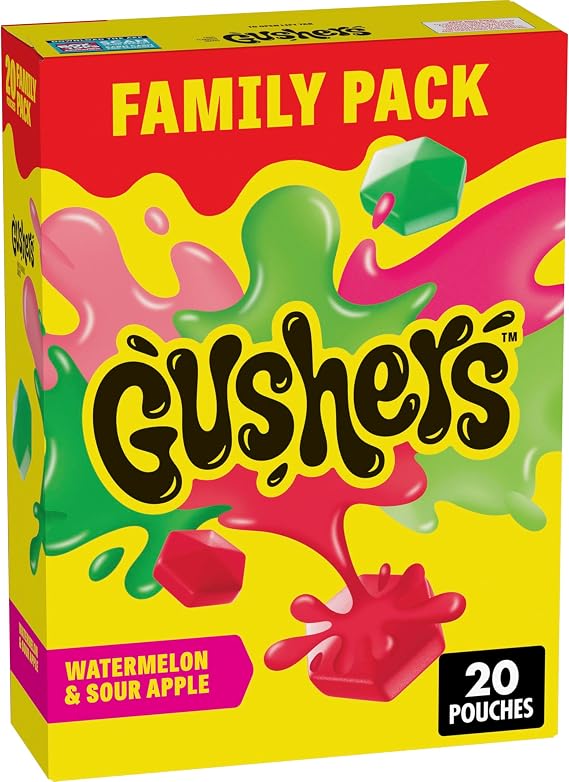Gushers Fruit Flavored Kids Snacks, Watermelon and Sour Apple Flavor, 20 Pouches, Family Pack, 16 oz