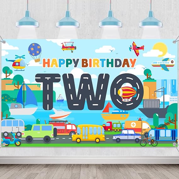 Transportation 2nd Birthday Banner Backdrop - Transport Themed Party Decoration and Car Party Supplies for Boys, Fun Vehicle Theme Fabric Backdrop 5.9x3.6ft for 2-Year-Old Birthday