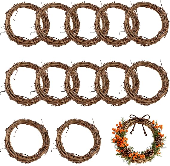 12 Pcs 3 Inch Natural Grapevine Wreaths, Hand-Woven Vine Branch Wreath, Rattan Wreath for DIY Crafts, Christmas Decorations, Home & Event Styling Party Wedding Decor