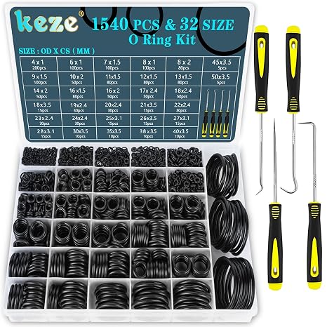 KEZE 32 Size 1540 Pcs Rubber O Rings Assortment Kit with Pick and Hook Set for Assorted Faucet Plumbing Pressure Washer Automotive Repair,Air or Gas Sealing Connections O Ring OD:4mm-50mm