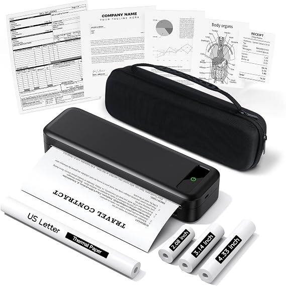 Portable Printers Wireless for Travel, Inkless Thermal Printer with Case | Support 8.5" X 11" US Letter, with 4 Rolls Thermal Paper, Small Bluetooth Mobile Printer for Phone Laptop Home Office School