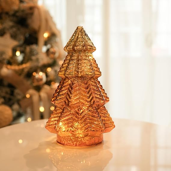 Gold Mercury Glass Christmas Tree for Home Decor, Christmas Table Decorations Lighted Xmas Tree with Timer for Living Room Mantel Tabletop Party-8" H
