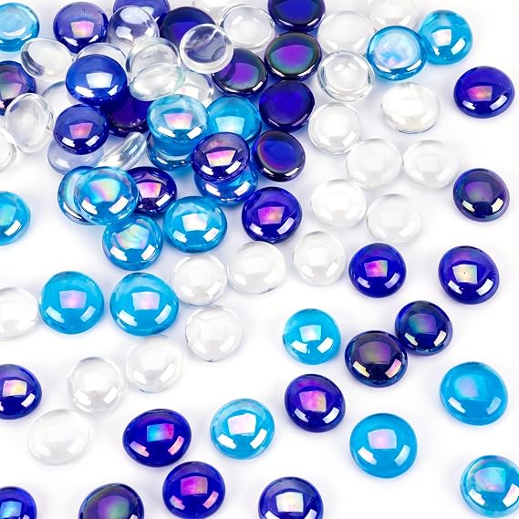 DOMESTAR 65PCS Iridescent Blue Flat Marbles, Decorative Glass Pebbles