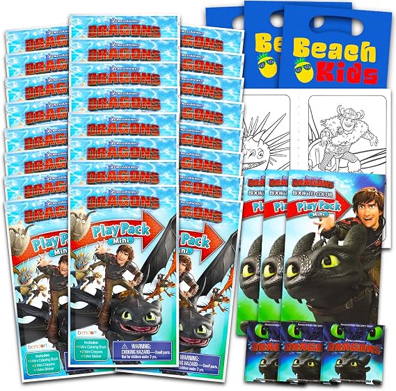 How to Train Your Dragon Party Favors Bundle - 24 Mini Activity Packs | Bulk Toothless Mini Play Packs with Coloring Books, Stickers, Goodie Bags, More | How to Train Your Dragon Birthday Party