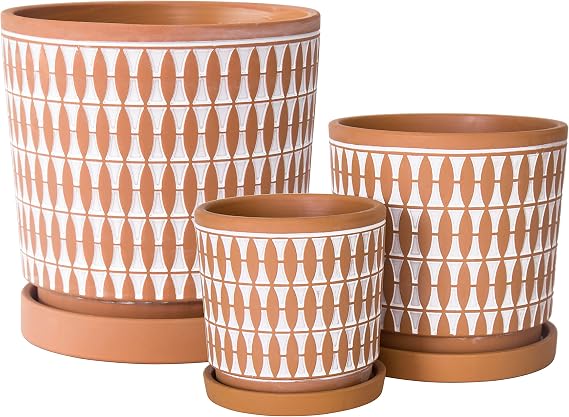 D'vine Dev 3-Pack Terracotta Pots, 4/6/8 in, Red/White, 35-958-B-1 | Hand-Painted Pattern, Natural Clay Texture, Artisan Finish, Drainage Hole & Saucer, Elegant Accent for Indoor Plants