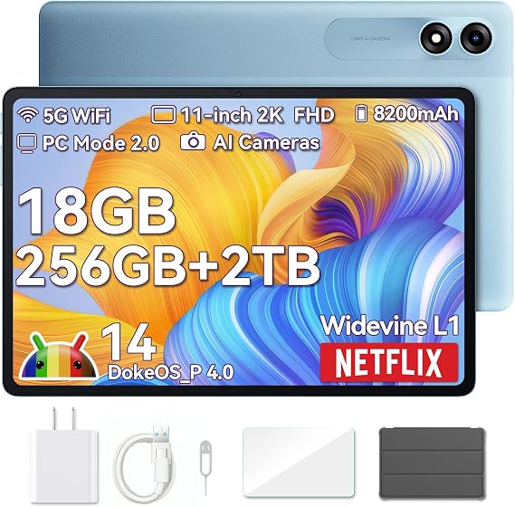 Blackview Tablet 2025, 11 inch Android Tablet with 18GB+256GB Storage(Expand to 2TB), Tab 9 WiFI Android 14 Tablets with 2.4K FHD Display, Widevine L1, 8200mAh, 5G WiFi, 13MP+8MP/Face ID/PC Mode, Blue