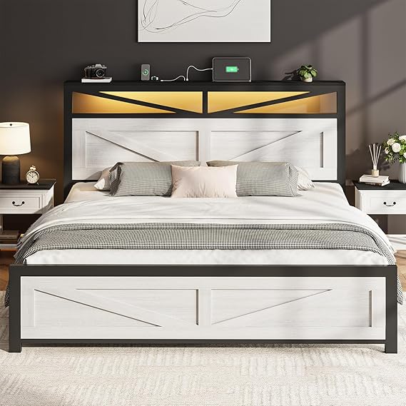 PROZENBDING King Size Bed Frame with Storage and Led Lights, Bed Frame with USB+Type C, Sturdy Metal Slat Bed Platform and Under Bed Storage, No Box Spring Needed, Noise-Free, 150x200cm White