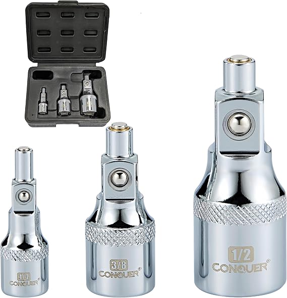 CONQUER No-Drop Magnetic Socket Extension Bars, 1/4" 3/8" 1/2" | CR-V Steel, No-drop magnet grips standard in tight engine bays; not for deep sockets; mechanic-grade, storage case
